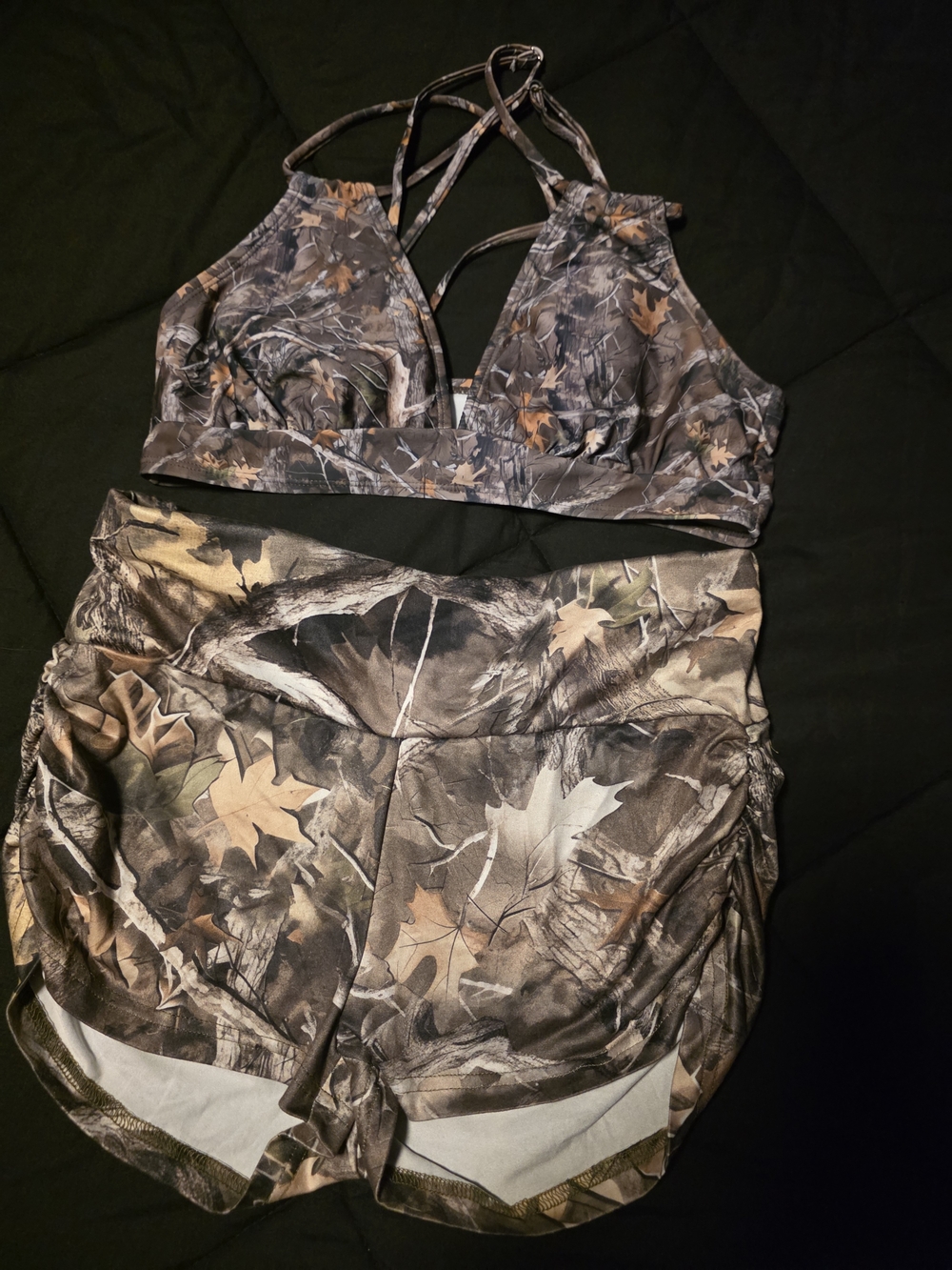 SHEIN Brown Olive Camo Strappy Bikini Top & High-Waist Shorts Set